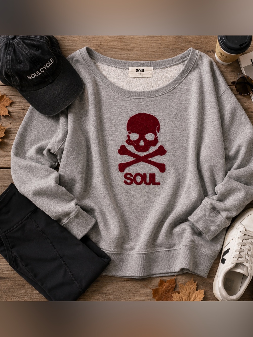 SoulCycle Flocked Skull Sweatshirt Gray Fleece Oversized L Red Skull Graphic